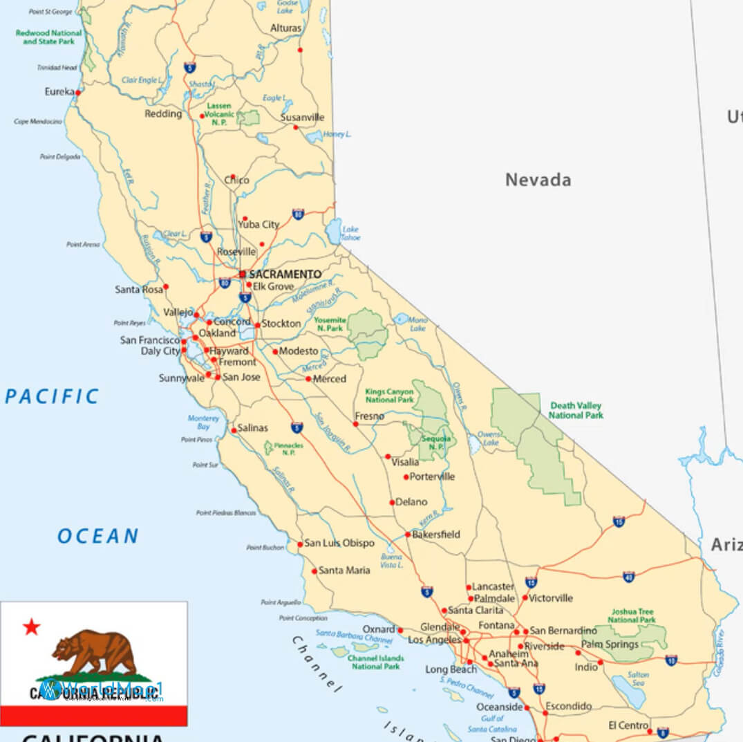 California Mountains Lakes Beaches Map